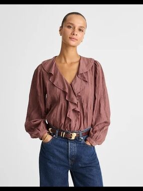 Madewell Lace-Insert Ruffled Pintuck Long-Sleeve Top, size S